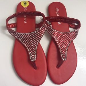 NWT Red Lucita crystaled flat sandals size9
